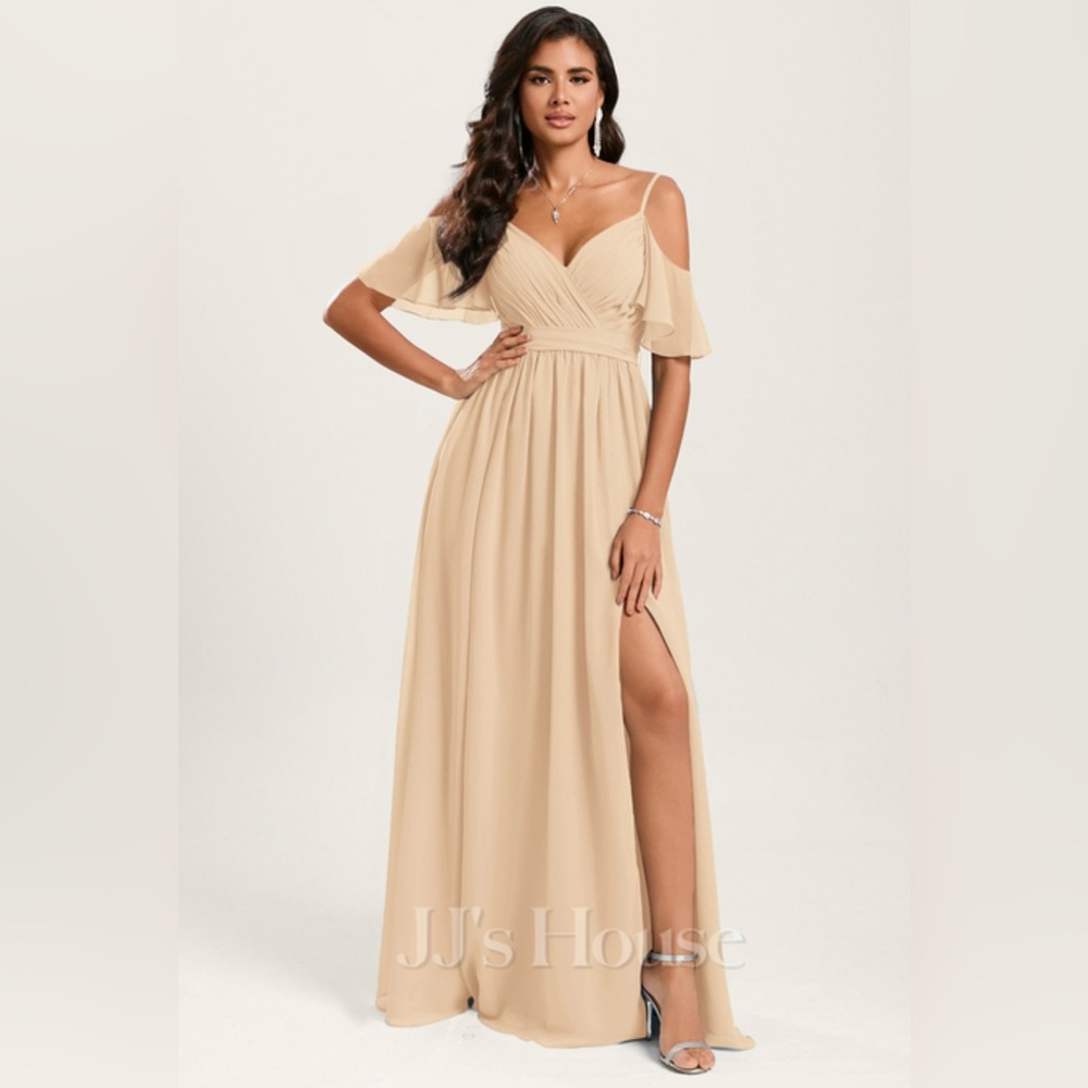 Champagne, A-line Cold Shoulder Floor-Length Chiffon Dress With Ruffle.